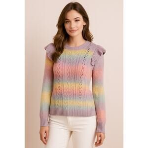 LOFT Rainbow Colorful Ruffle Long Sleeve Cute Fun Knit Pull Over Sweater Size L